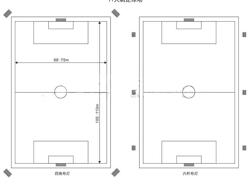 不帶跑道11人制足球場地照明四角布燈和六桿布燈圖，八桿布燈可以直接咨詢